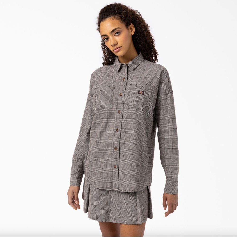 NWT Dickies Workwear Bakerhill Oversize Cotton Twill Shirt in Brown Plaid Size S